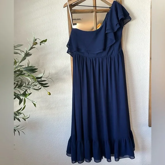 Lulus Navy Blue One Shoulder Ruffle Midi Dress XL Wedding Guest Formal - Picture 2 of 9